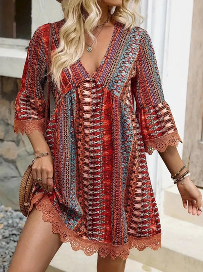 Printed V-Neck A-Line Dress