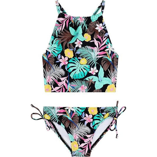 Kanu Surf Girl Size 6 Black Tropical Daisy UPF 50 Beach Halter Tankini Swim Suit