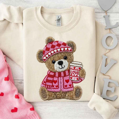 Love Coffee Teddy Valentine Sweatshirt – Furry Look 3D Print Sweater