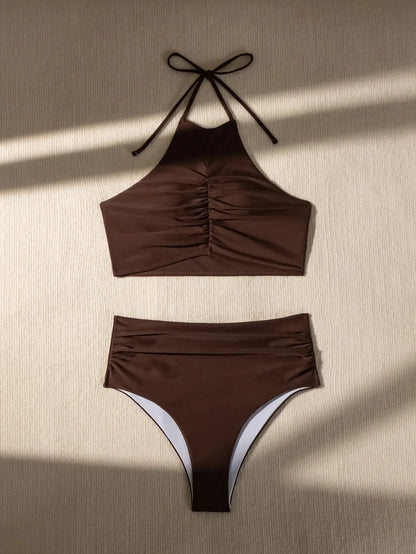 2026 Halter Wrinkled High Neck Female Swimsuit High Waist Bikini Women Swimwear Two-pieces Bikini set Bather Bathing Suit Swim